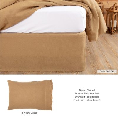 Burlap Natural Fringed Twin Bed Skirt 39x76x16 3pc Bundle (Bed Skirt, Pillow Cases)