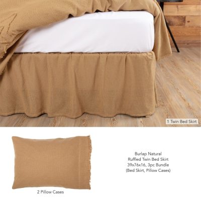 Burlap Natural Ruffled Twin Bed Skirt 39x76x16 3pc Bundle (Bed Skirt, Pillow Cases)