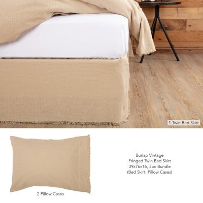 Burlap Vintage Fringed Twin Bed Skirt 39x76x16 3pc Bundle (Bed Skirt, Pillow Cases)