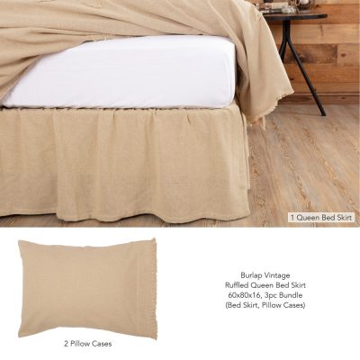 Burlap Vintage Ruffled Queen Bed Skirt 60x80x16 3pc Bundle (Bed Skirt, Pillow Cases)