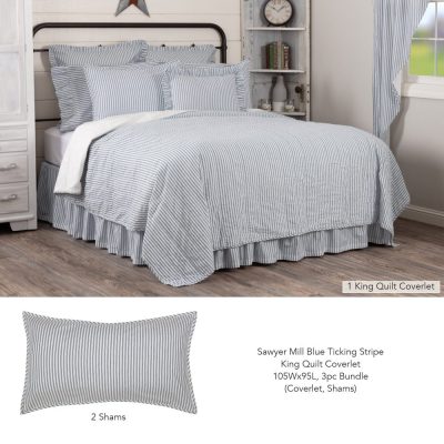 Sawyer Mill Blue Ticking Stripe King Quilt Coverlet 105Wx95L 3pc Bundle (Coverlet, Shams)