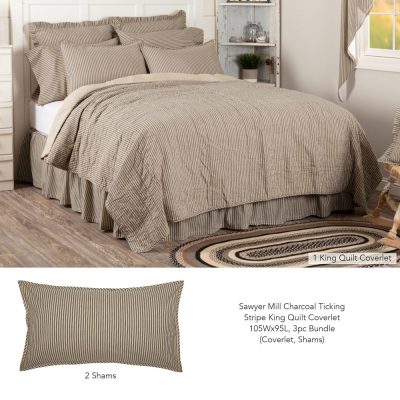 Sawyer Mill Charcoal Ticking Stripe King Quilt Coverlet 105Wx95L 3pc Bundle (Coverlet, Shams)
