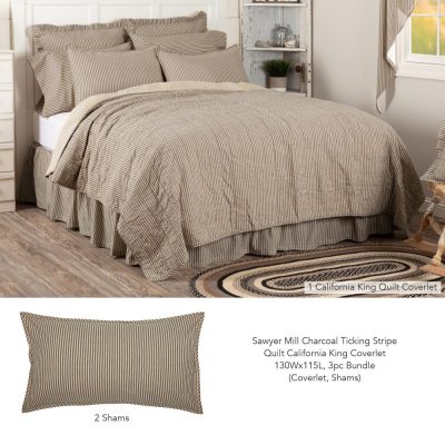 Sawyer Mill Charcoal Ticking Stripe Quilt California King Coverlet 130Wx115L 3pc Bundle (Coverlet, Shams)