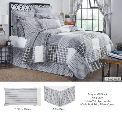 Sawyer Mill Black King Quilt 105Wx95L 4pc Bundle (Quilt, Bed Skirt, Pillow Cases)