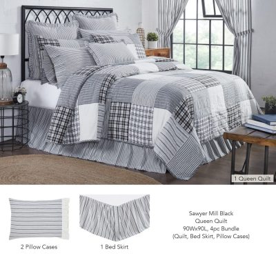 Sawyer Mill Black Queen Quilt 90Wx90L 4pc Bundle (Quilt, Bed Skirt, Pillow Cases)