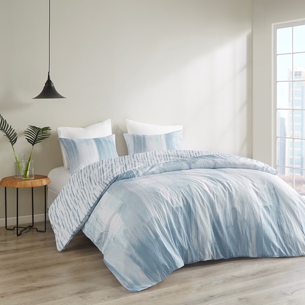 N Natori Brush Stroke 3 Piece Oversized Reversible Seersucker Duvet Cover Mini Set in Blue, King NS12-3708 - Image 2