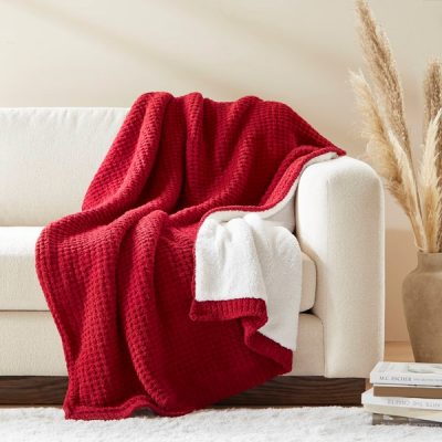 Madison Park Rowan Waffle Knit Chenille Throw in Red, 50x60" MP50-8270