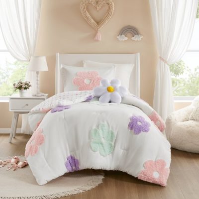 Urban Habitat Kids Gracie Floral Reversible Tufted Chenille Comforter Set with Flower Throw Pillow in White/Purple, Twin UHK10-0226
