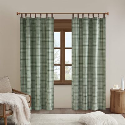 Madison Park Anaheim Plaid Faux Leather Tab Top Curtain Panel with Fleece Lining in Green, 50x84" MP40-8297