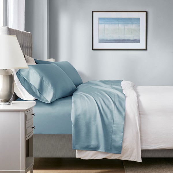 Madison Park 1000 Thread Count HeiQ Smart Temperature Cotton Blend 4 PC Sheet Set in Blue, Full MP20-8943