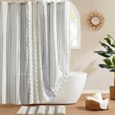 INK+IVY Imani Cotton Printed Shower Curtain with Chenille in White/Navy, 72x72" II70-1319
