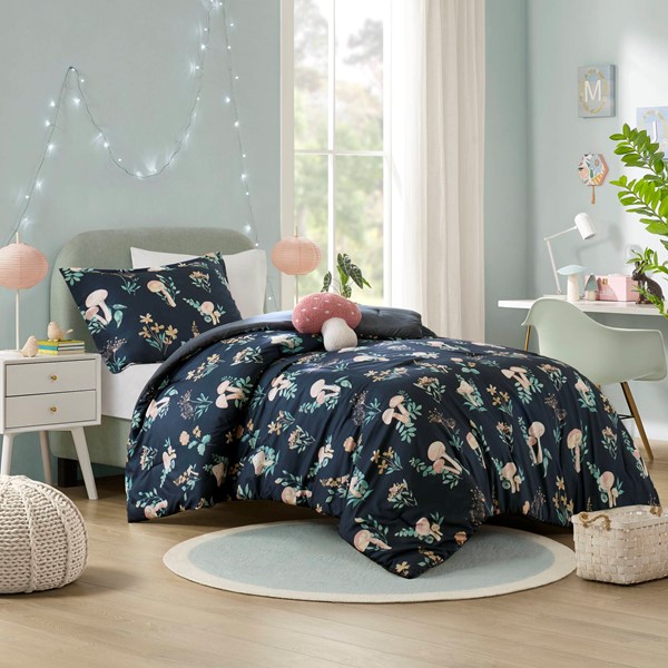 Intelligent Design Gwen Mushroom Garden Comforter Set in Navy, Twin/Twin XL ID10-2493 - Image 4