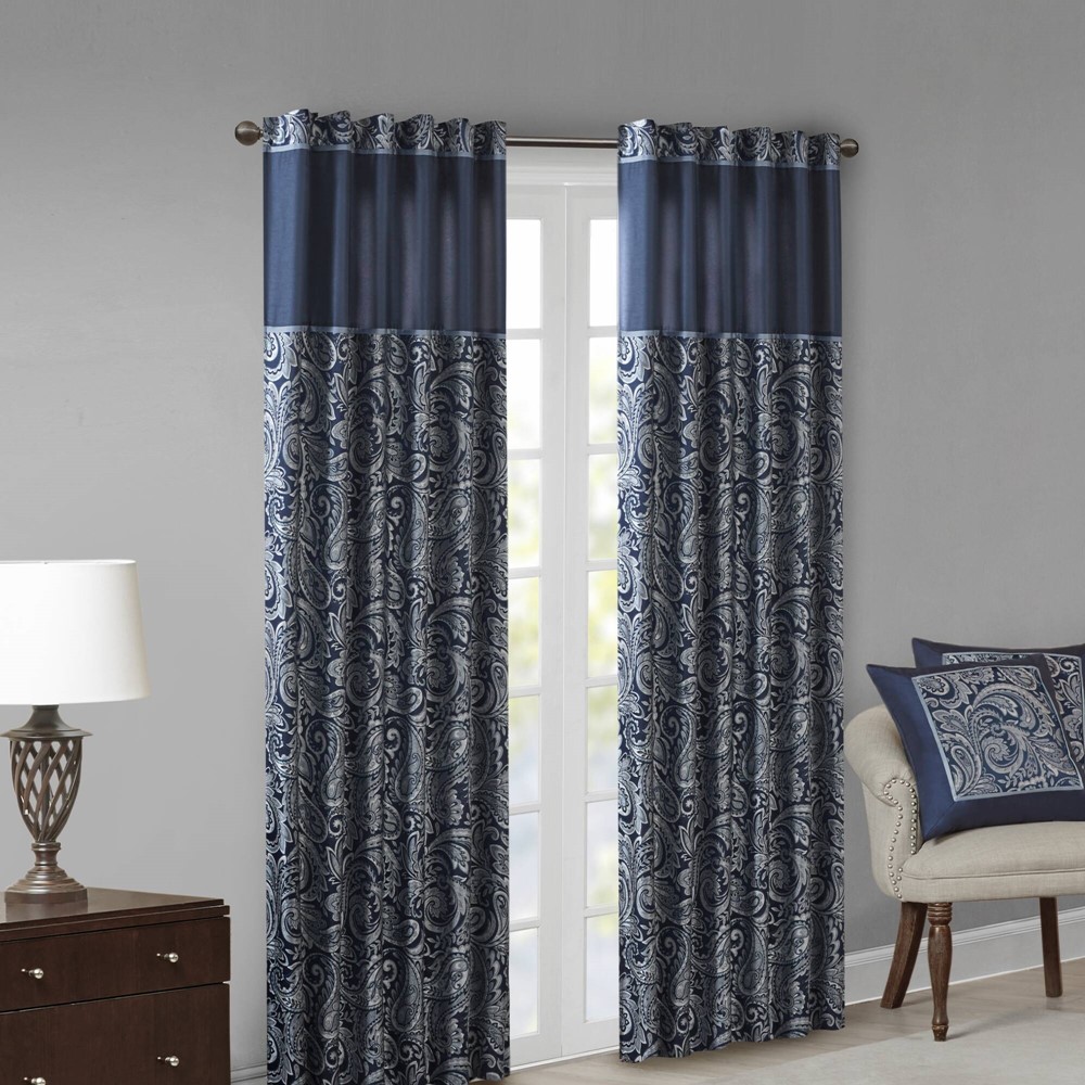 Madison Park Aubrey Jacquard Curtain Panel Pair in Navy, 50x95" MP40-4897 - Image 3