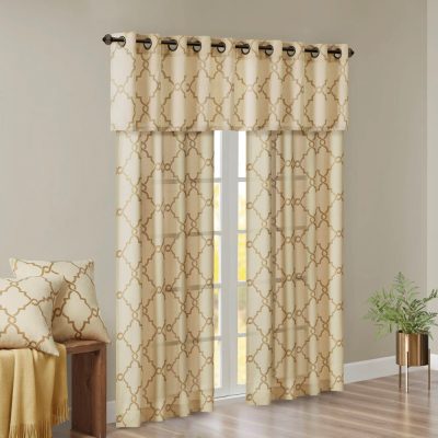 Madison Park Saratoga Fretwork Print Grommet Top Window Valance in Beige/Gold, 50x18" MP41-3601