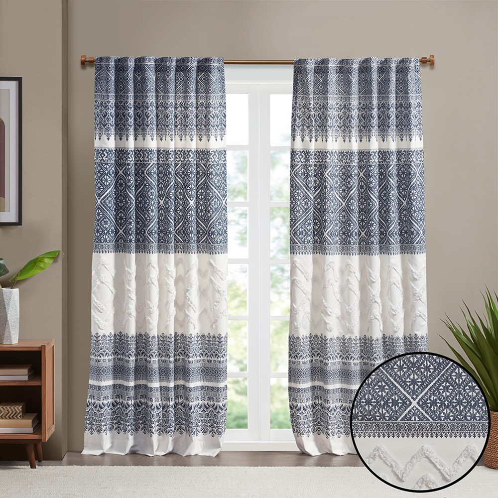 INK+IVY Mila Cotton Printed Curtain Panel with Chenille detail and Lining in Navy, 50x84" II40-1182 - Image 3