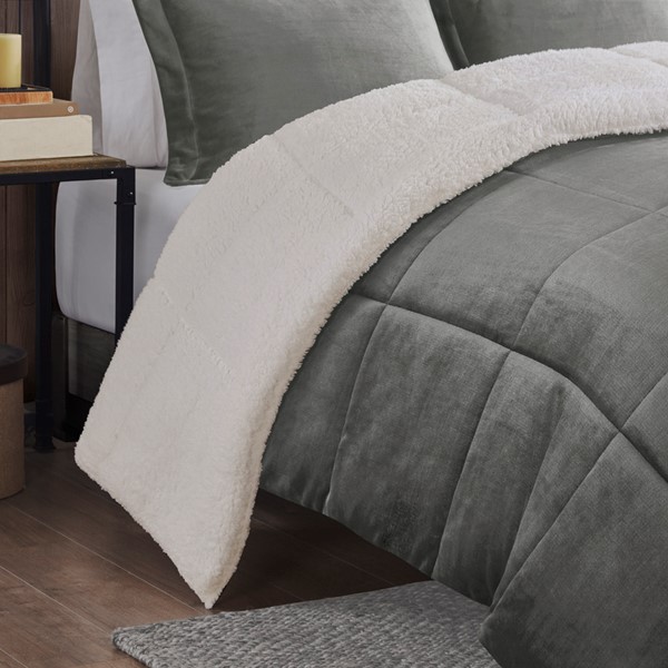 Woolrich Alton Plush to Sherpa Down Alternative Comforter Set in Charcoal/Ivory, Full/Queen WR10-2887 - Image 2