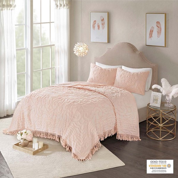 Madison Park Laetitia Tufted Cotton Chenille Medallion Fringe Coverlet Mini Set in Blush, Full/Queen MP13-5879