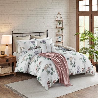 Madison Park Zennia 7 Piece Printed Seersucker Comforter Set with Throw Blanket in Taupe/Blush, King/Cal King MP10-8403