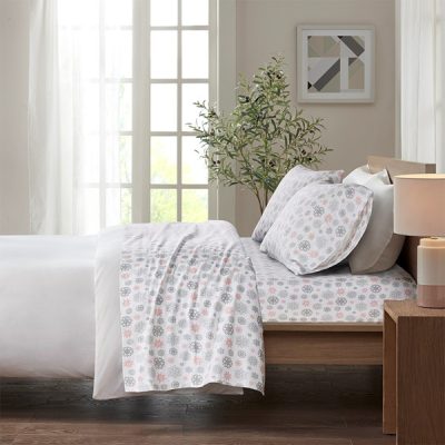 True North by Sleep Philosophy Cozy Cotton Flannel Printed Sheet Set in Pink/Grey Snowflakes, Twin XL TN20-0209