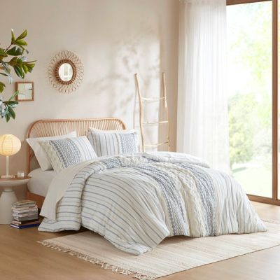INK+IVY Imani Cotton Printed Duvet Cover Set with Chenille in White/Navy, Full/Queen II12-1276