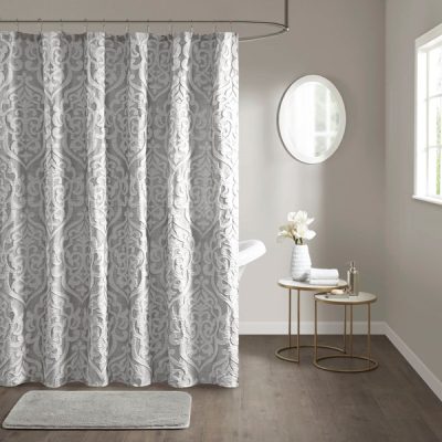 Madison Park Odette Jacquard Shower Curtain in Silver/Silver, 72x72" MP70-6875
