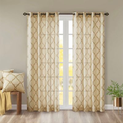 Madison Park Saratoga Fretwork Print Grommet Top Window Curtain Panel in Beige/Gold, 50x84" MP40-3598