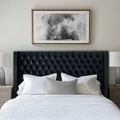 Madison Park Amelia Upholstered Wingback Headboard with Button Tufting & Nailhead Trim in Black Velvet, King MP116-1289