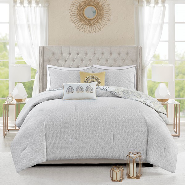 Madison Park Isla 8 Piece Cotton Floral Printed Reversible Comforter Set in Yellow, Queen MP10-8155 - Image 5