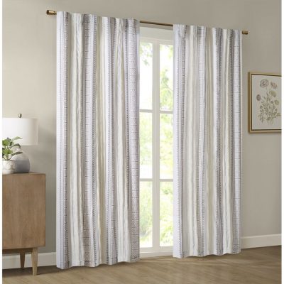 Madison Park Samara Poly Printed Curtain Panel with Tufted Stripe and Lining in White/Brown, 50x95" MP40-8461