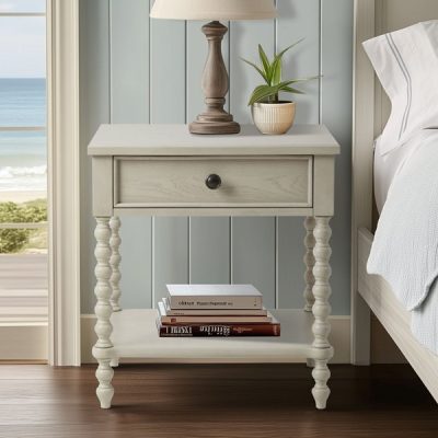 Madison Park Signature Beckett Turned Wood Spindle Nightstand with Drawer & Shelf in Antique Cream, One Size MPS136-0288
