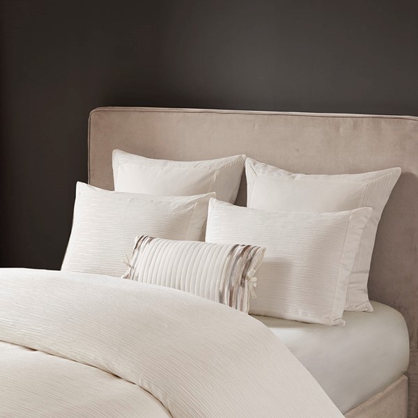 N Natori Hanae Cotton Blend Yarn Dyed 3 Piece Duvet Cover Set in White, Full/Queen NS12-3245 - Image 4
