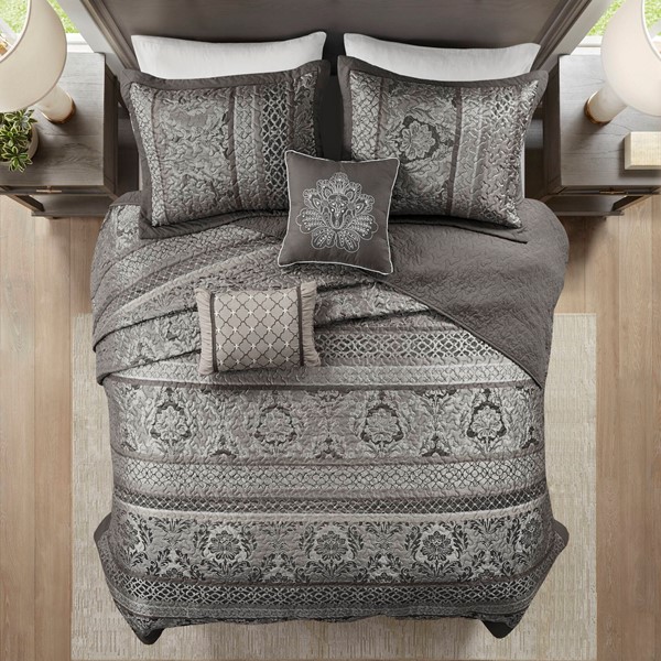 Madison Park Bellagio 5 Piece Reversible Jacquard Bedspread Set in Grey, King MP13-8783 - Image 5
