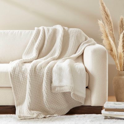 Madison Park Rowan Waffle Knit Chenille Throw in Ivory, 50x60" MP50-8271