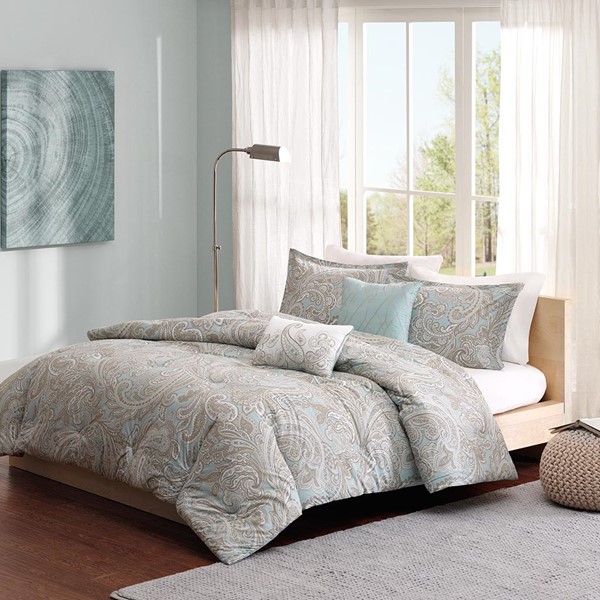 Madison Park Pure Ronan 5 Piece Cotton Comforter Set in Blue, Full/Queen MPP10-001