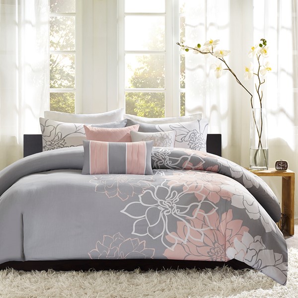 Madison Park Lola 6 Piece Printed Duvet Cover Set in Grey/Peach, King/Cal King MP12-5674 - Image 5