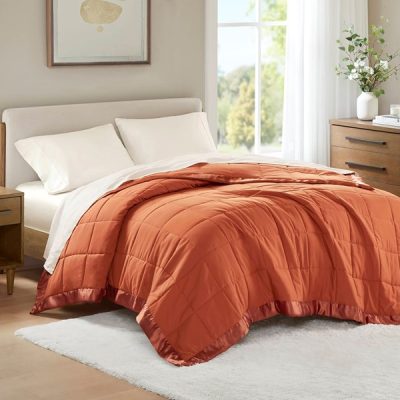 Madison Park Windom Lightweight Down Alternative Blanket with Satin Trim in Orange, Full/Queen MP51-8650