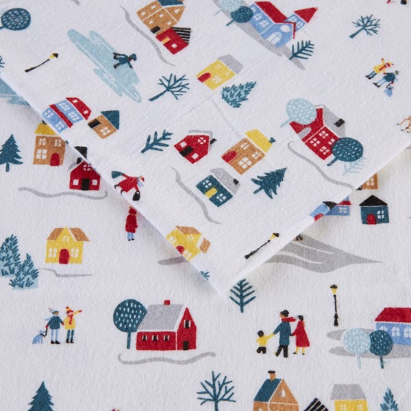 True North by Sleep Philosophy Cozy Cotton Flannel Printed Sheet Set in White Village Print, Twin XL TN20-0564 - Image 3