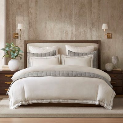 Harbor House Linen Blend Double Flange Duvet Cover Set in White/Gray, Full/Queen HHD12-1979