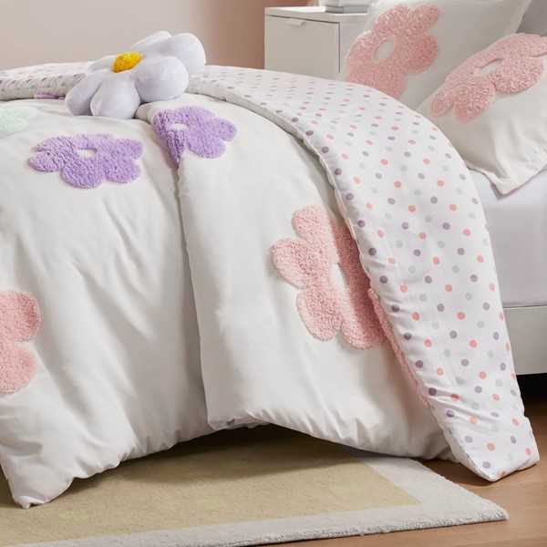Urban Habitat Kids Gracie Floral Reversible Tufted Chenille Comforter Set with Flower Throw Pillow in White/Purple, Full/Queen UHK10-0227 - Image 6
