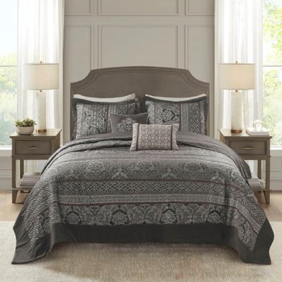Madison Park Bellagio 5 Piece Reversible Jacquard Bedspread Set in Grey, King MP13-8783