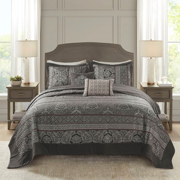 Madison Park Bellagio 5 Piece Reversible Jacquard Bedspread Set in Grey, King MP13-8783