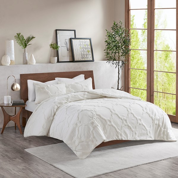 Madison Park Pacey 3 Piece Tufted Cotton Chenille Geometric Duvet Cover Set in Off-White, Full/Queen MP12-5991 - Image 2