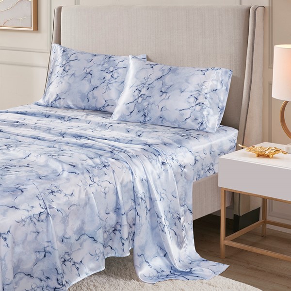 Madison Park Essentials Printed Satin Sheet Set in Blue Marble, Twin MPE20-1025 - Image 3