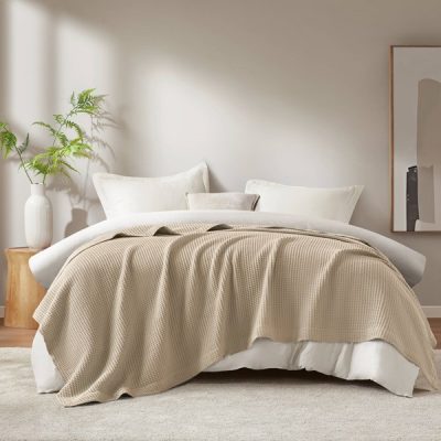 Madison Park Waffle Weave Cotton Blanket in Khaki, Twin BR51N-3837