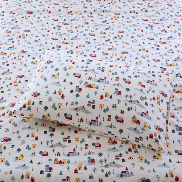 True North by Sleep Philosophy Cozy Cotton Flannel Printed Sheet Set in White Village Print, Twin XL TN20-0564 - Image 2