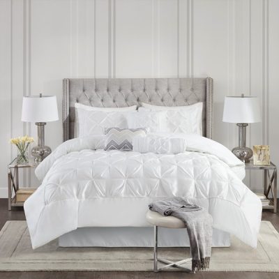 Madison Park Laurel 100% Polyester Pieced Pleated 7pcs Tufted Comforter Set in White, King TT10-0041