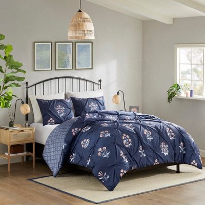 Madison Park Marfa 3 Piece Pintuck Duvet Cover Set in Navy, King/Cal King MP12-8413