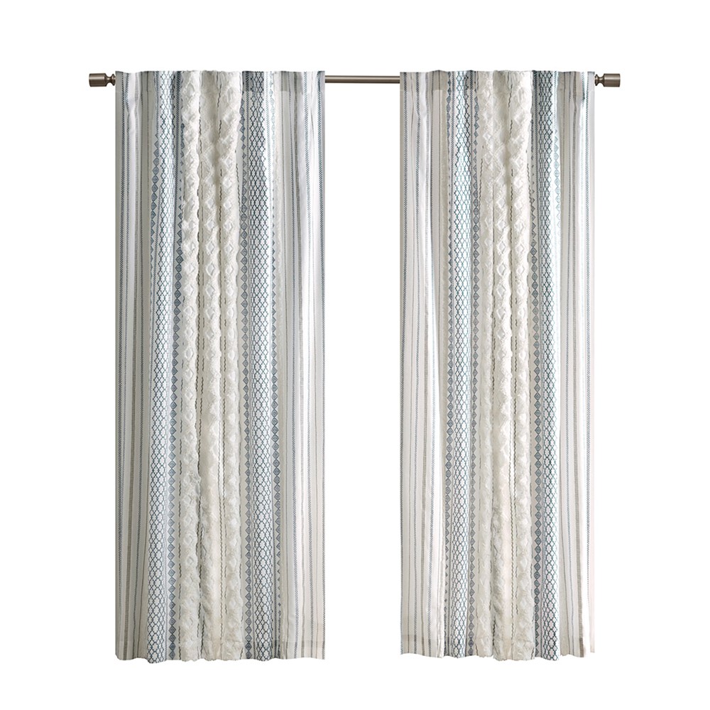 INK+IVY Imani Cotton Printed Curtain Panel with Chenille Stripe and Lining in White/Navy, 50x108" II40-1344 - Image 3