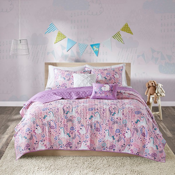 Urban Habitat Kids Lola Unicorn Reversible Cotton Quilt Set with Throw Pillows in Pink, Twin UHK13-0102 - Image 4