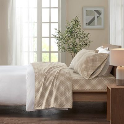 True North by Sleep Philosophy Cozy Cotton Flannel Printed Sheet Set in Tan Plaid, Cal King TN20-0075